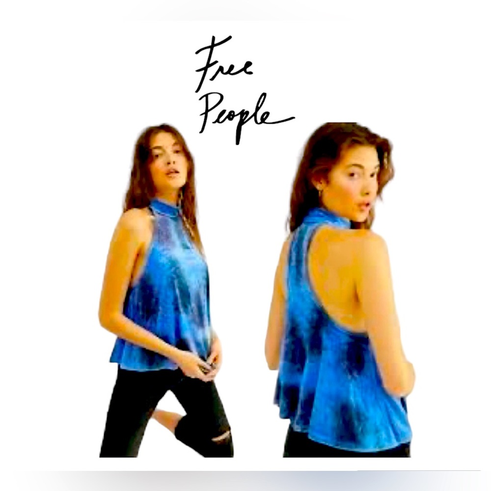 NWOT $98 Free People Velvet Blue Tie Dye Halter Heartbeat Top Size Small